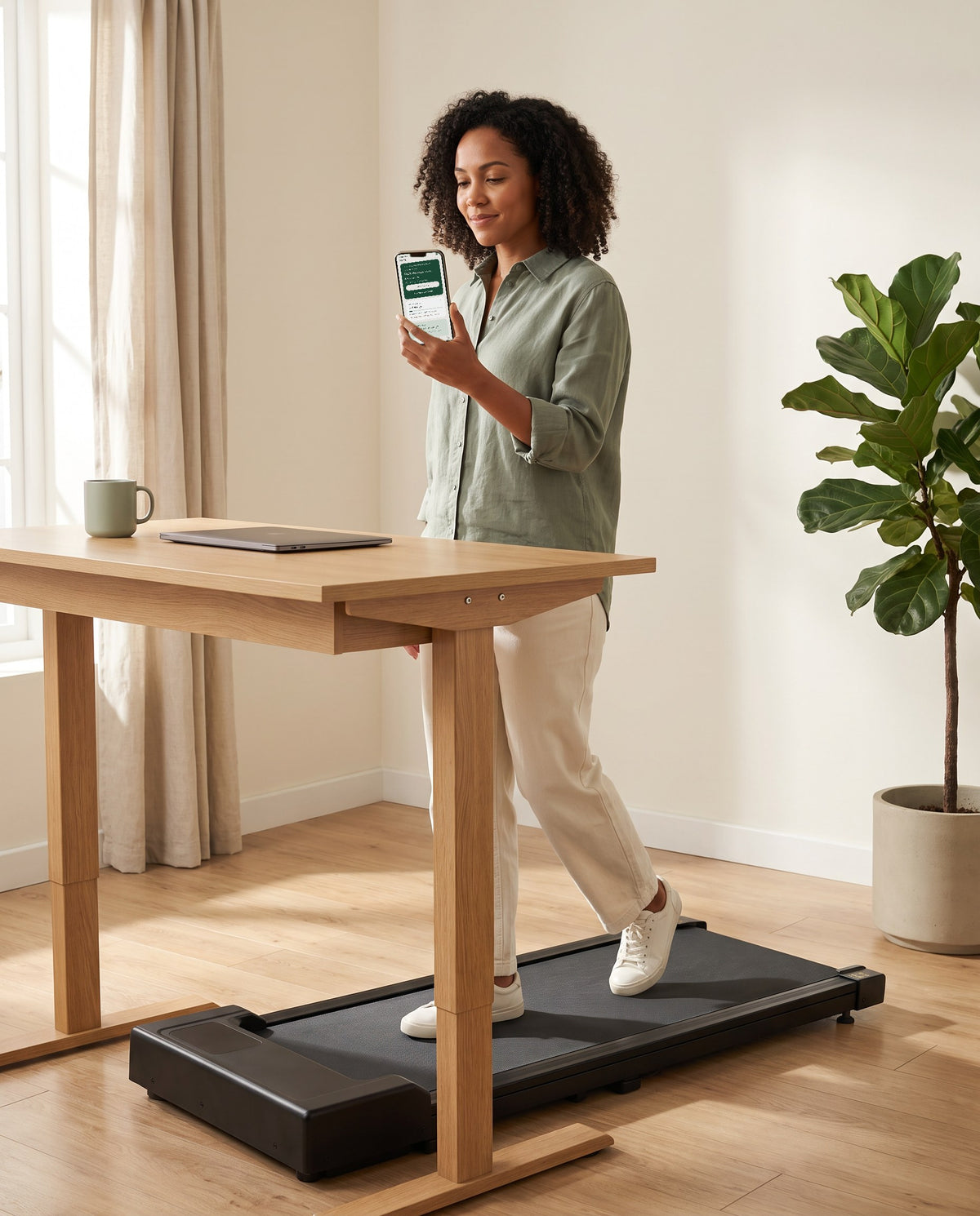 Woman stepping onto the Saunterly Walking Pad, holding a phone that shows today's session in the Saunterly app