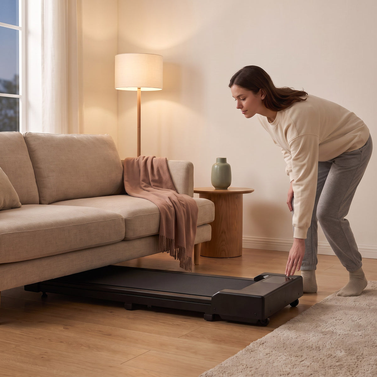 Woman sliding the Saunterly Walking Pad under a sofa to store it