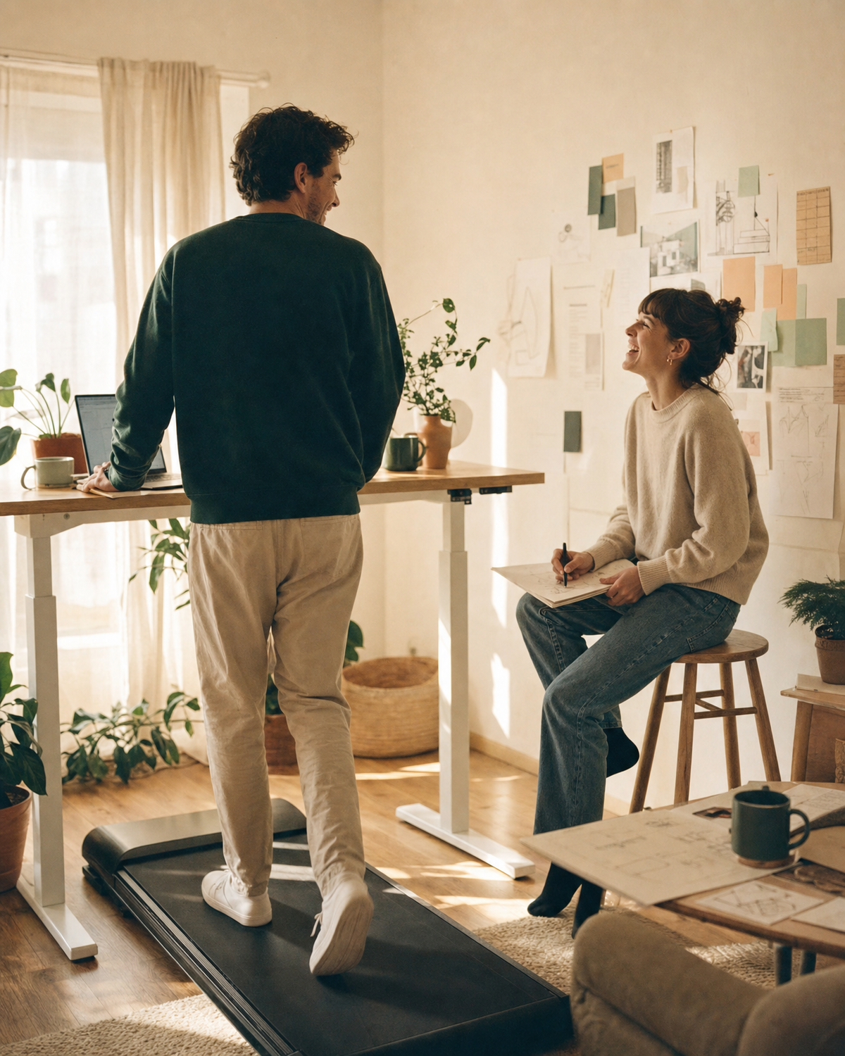Illustration of two people in a home workspace, one walking on the walking pad at a standing desk while the other sketches