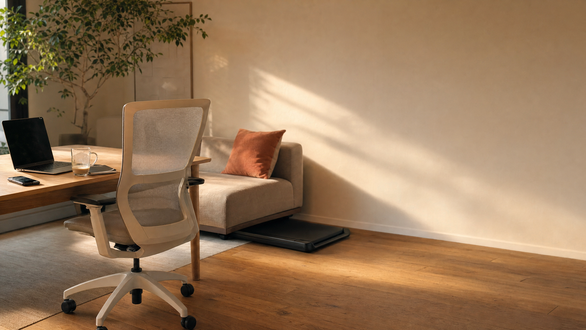 Empty desk chair at a home office desk with a laptop and coffee in late afternoon light