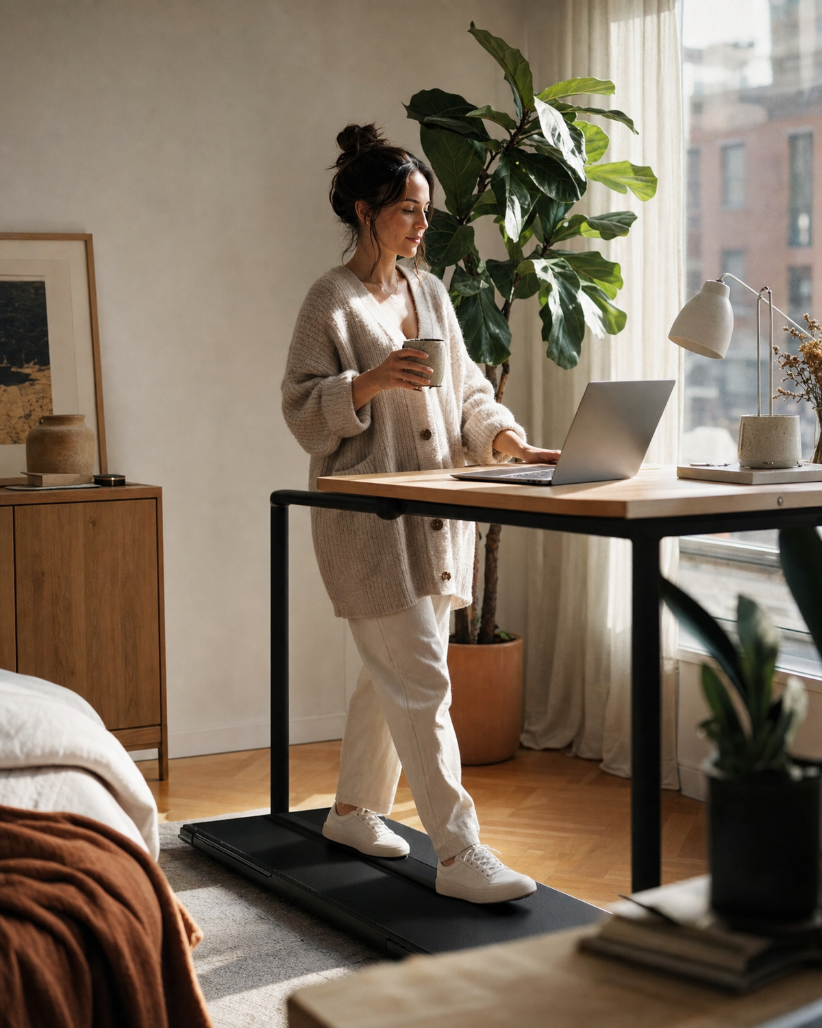 Person reading email on a laptop while walking on the walking pad at a standing desk
