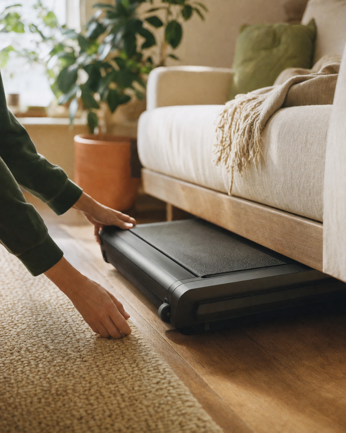 Hands rolling the walking pad on its front wheels to slide it under a sofa