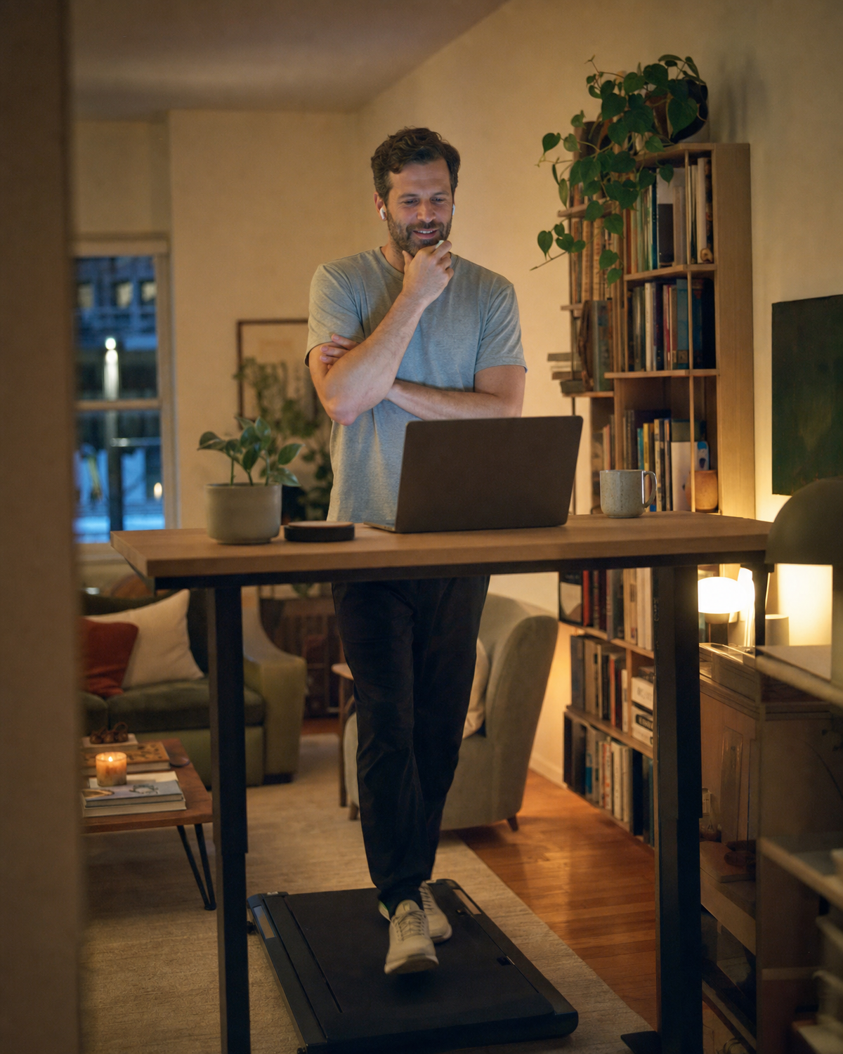 Person on a video call walking on the walking pad under a standing desk in a living room in the evening
