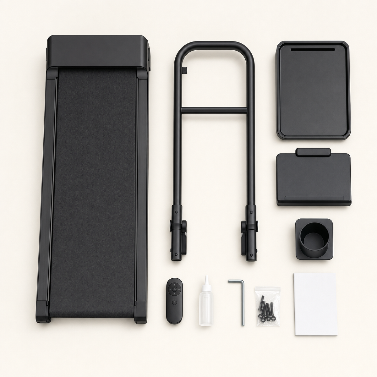 Flat lay of what's in the box: walking pad, handrail, desk tray, tablet holder, cup holder, remote, belt lubricant, hex key, screws and manual