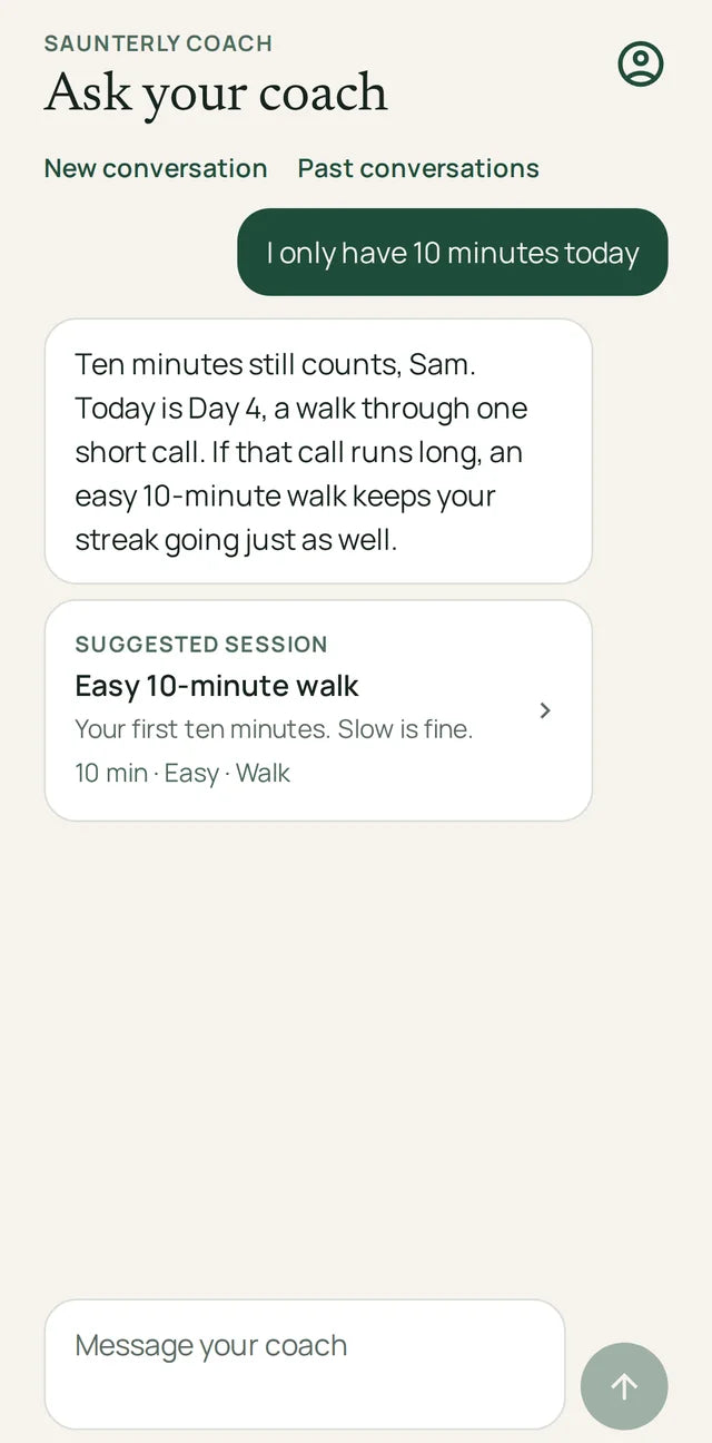 The Coach screen suggesting an easy 10-minute walk