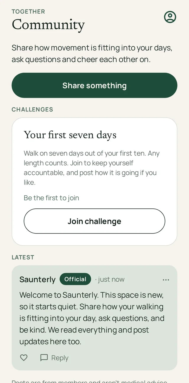 The Community screen with the First seven days challenge