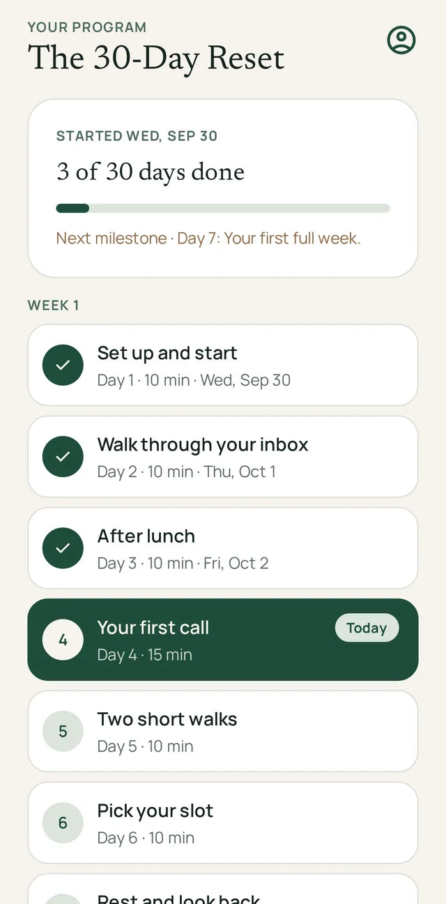 The 30-Day Reset screen with three days completed and Day 4 marked Today